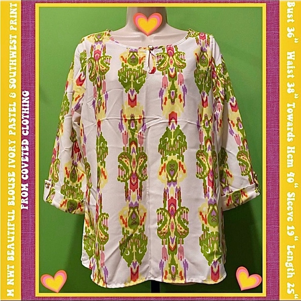 M NWT BEAUTIFUL BLOUSE IVORY PASTEL & SOUTHWEST PRINT FROM COVETED CLOTHING